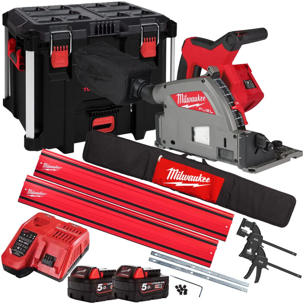 Milwaukee M18FPS55-0P 18V 165mm Fuel Brushless Plunge Saw with 2 x 5.0Ah Battery & Guide Rail Kit