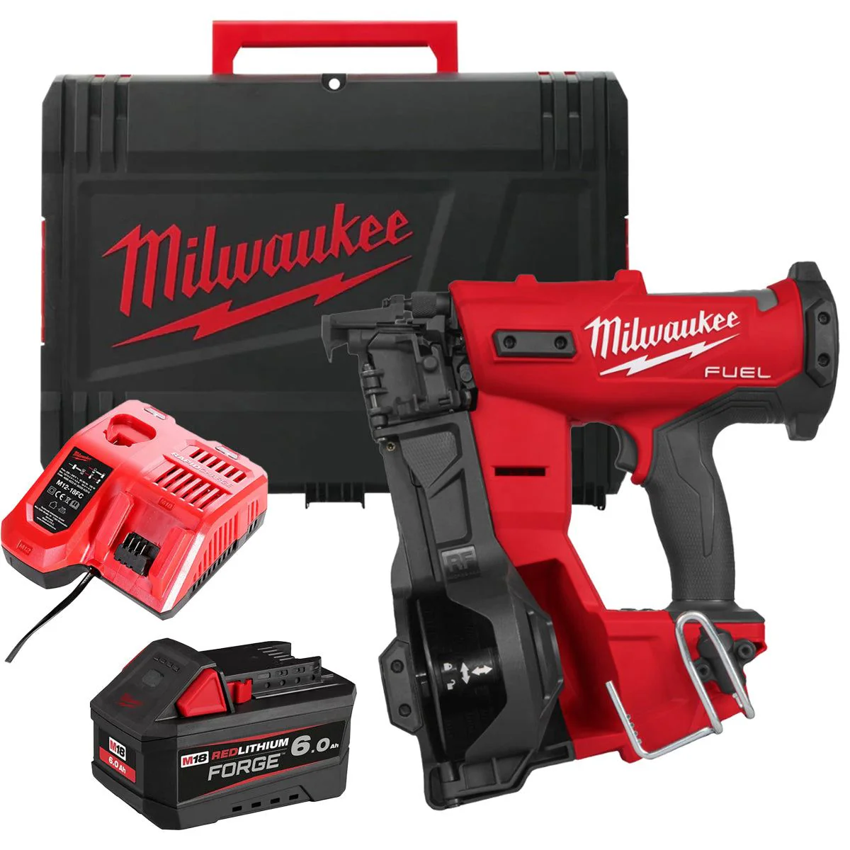 Milwaukee M18FRCN45-0X 18V FUEL Brushless Roofing Coil Nailer with 1 x 6.0Ah Battery Charger & Case