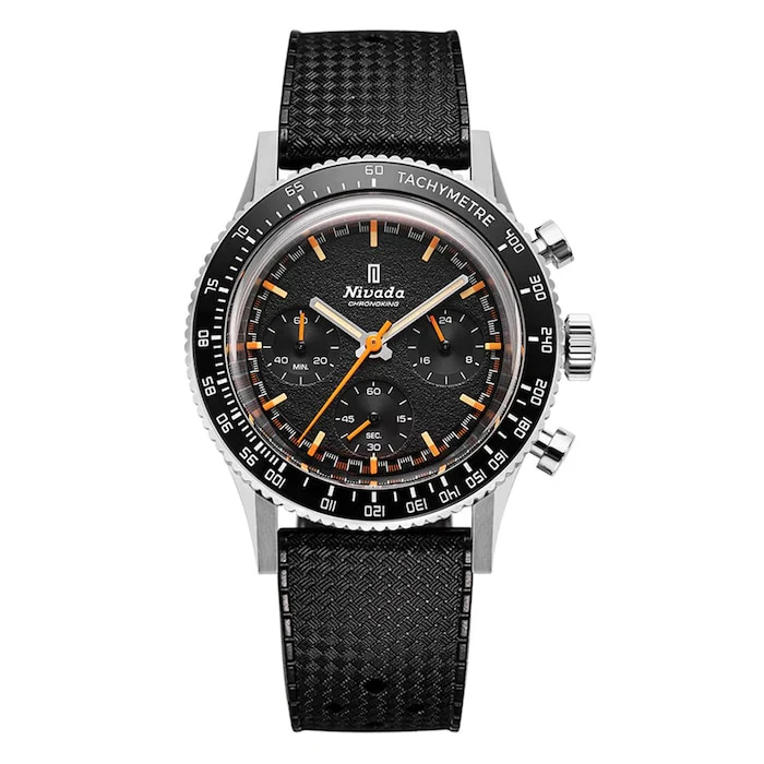 Nivada Grenchen Quartz 38mm Men’s Watch with Black Material Dial, Stainless Steel Case, 100m Water Resistant / 87040Q01
