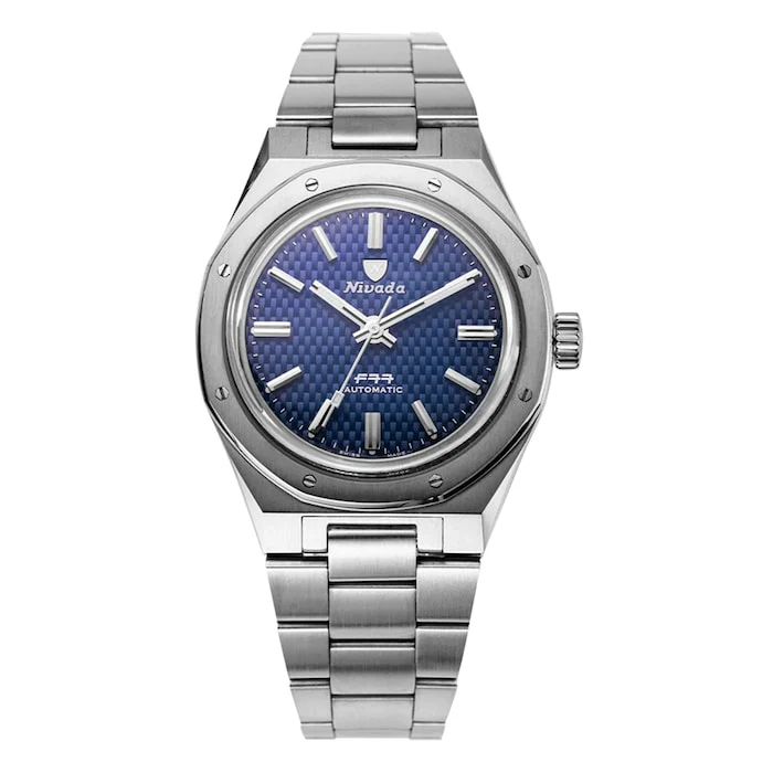 Nivada Grenchen Sport 37mm Men’s Watch with Blue Material Dial, Stainless Steel Case & Bracelet, 100m Water Resistant / 68001A77