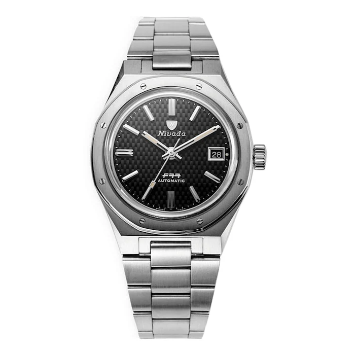 Nivada Grenchen Sport Automatic 37mm Men’s Watch with Black Material Dial, Stainless Steel Case & Bracelet, 100m Water Resistant / 69000A77
