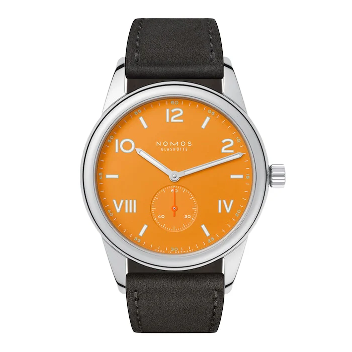 NOMOS Glashutte Manual Wind Men’s Watch with Orange Material Dial, Stainless Steel Case, 100m Water Resistant / 729