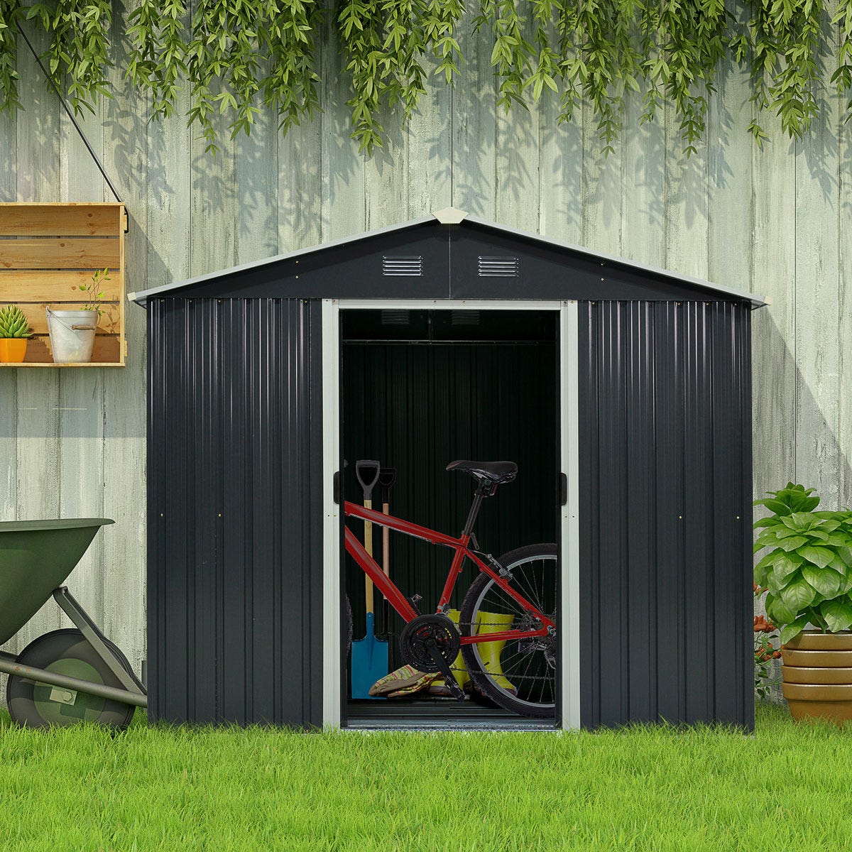Outsunny 8 x 6Ft Garden Storage Shed With Double Sliding Door Outdoor Grey - Image 2
