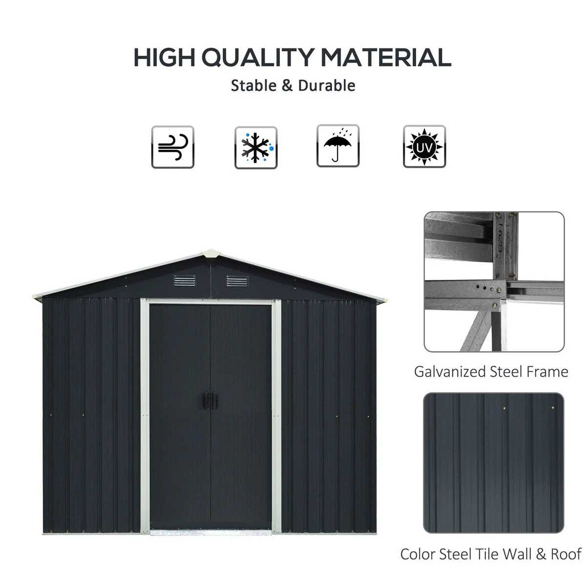 Outsunny 8 x 6Ft Garden Storage Shed With Double Sliding Door Outdoor Grey - Image 4