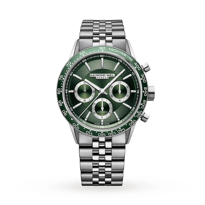 Raymond Weil Automatic Men’s Watch with Green Material Dial, Stainless Steel Case & Bracelet, 100m Water Resistant / 7741-ST7-52021