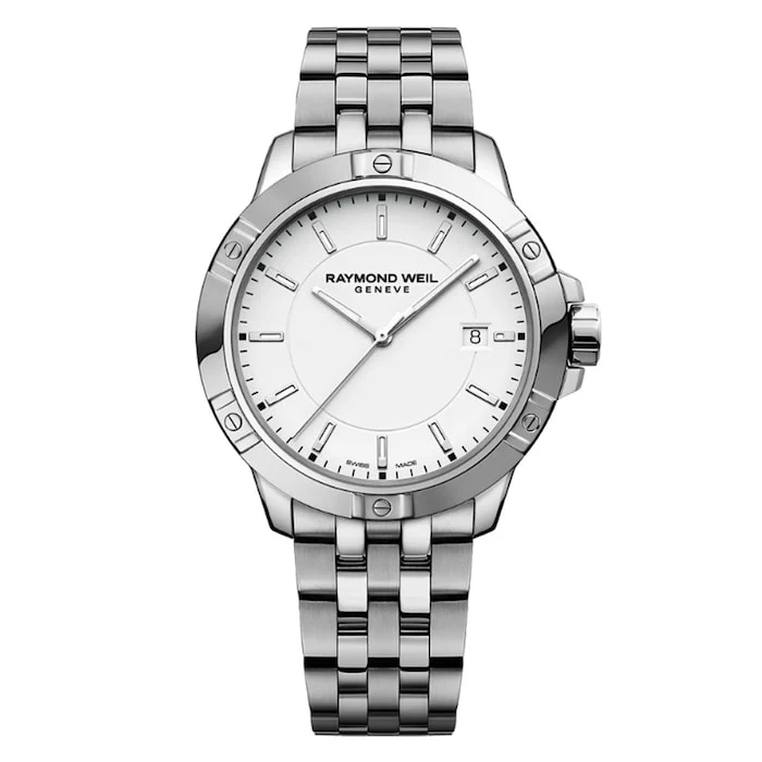 Raymond Weil Quartz 41mm Men’s Watch with White Material Dial, Stainless Steel Case & Bracelet, 300m Water Resistant / 8160-ST-30041