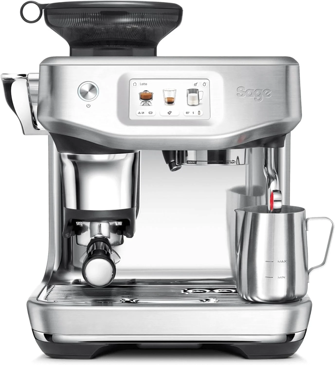 Sage - The Barista Touch Impress - Bean to Cup Coffee Machine, Grinder and Milk Frother, Cappuccino, Latte, Espresso Maker, 8 Presets, Milk Jug, 1700 W and Cold Brew Function, Brushed Stainless Steel