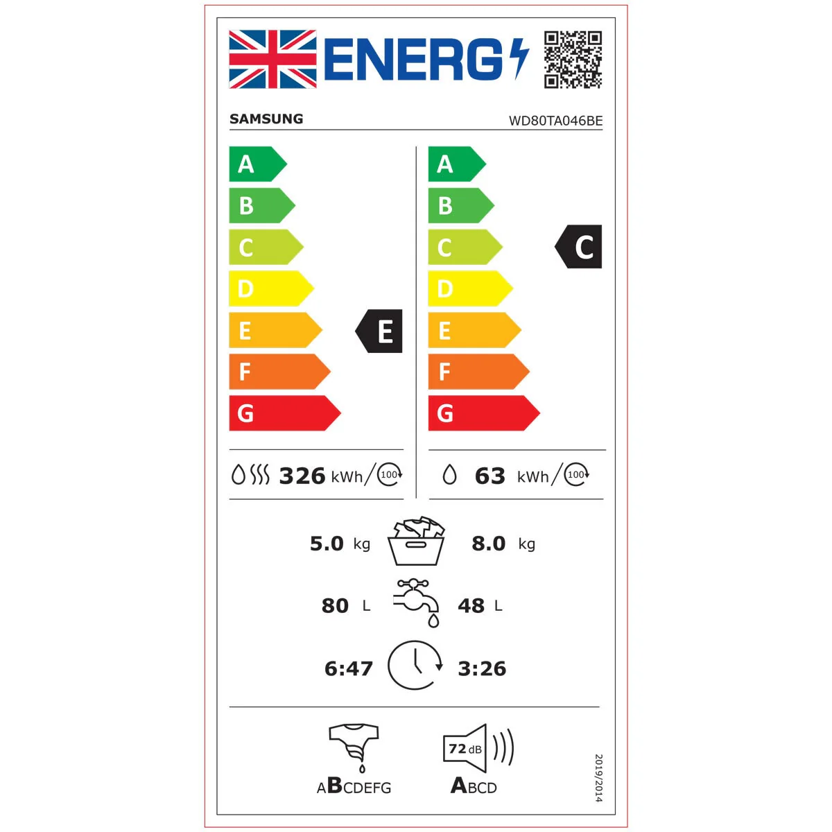 Samsung Series 5 WD80TA046BE/EU, 8kg/5kg, 1400rpm, Washer Dryer, E Rated in White - Image 8