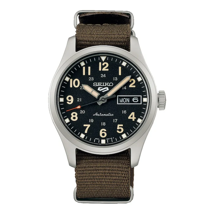 Seiko 5 Sports Automatic 36mm Men’s Watch with Black Material Dial, Stainless Steel Case, 100m Water Resistant / SRPJ85K1