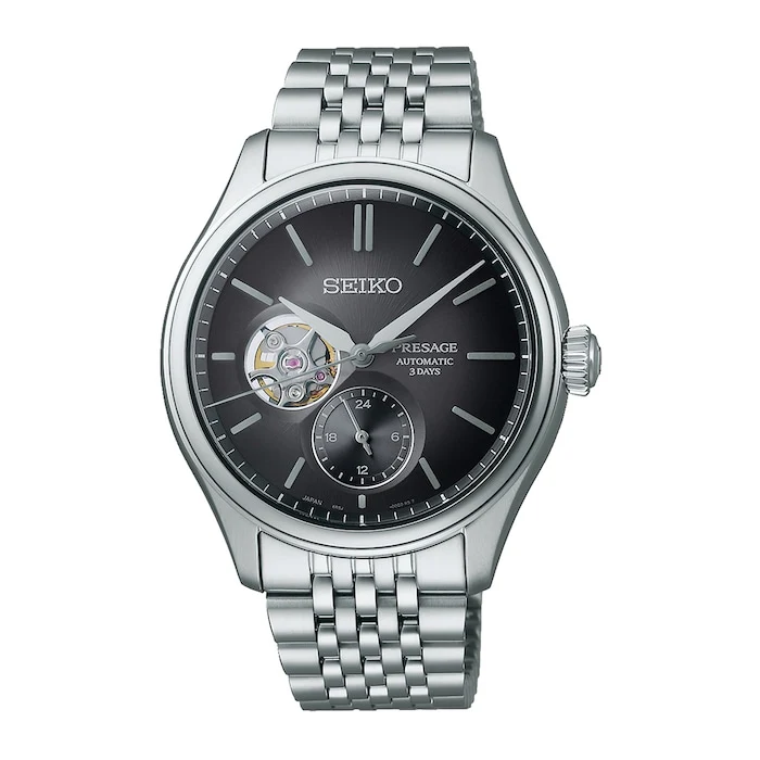 Seiko Presage Elegance Automatic 40mm Men’s Watch with Black Material Dial, Stainless Steel Case & Bracelet, 100m Water Resistant / SPB471J1