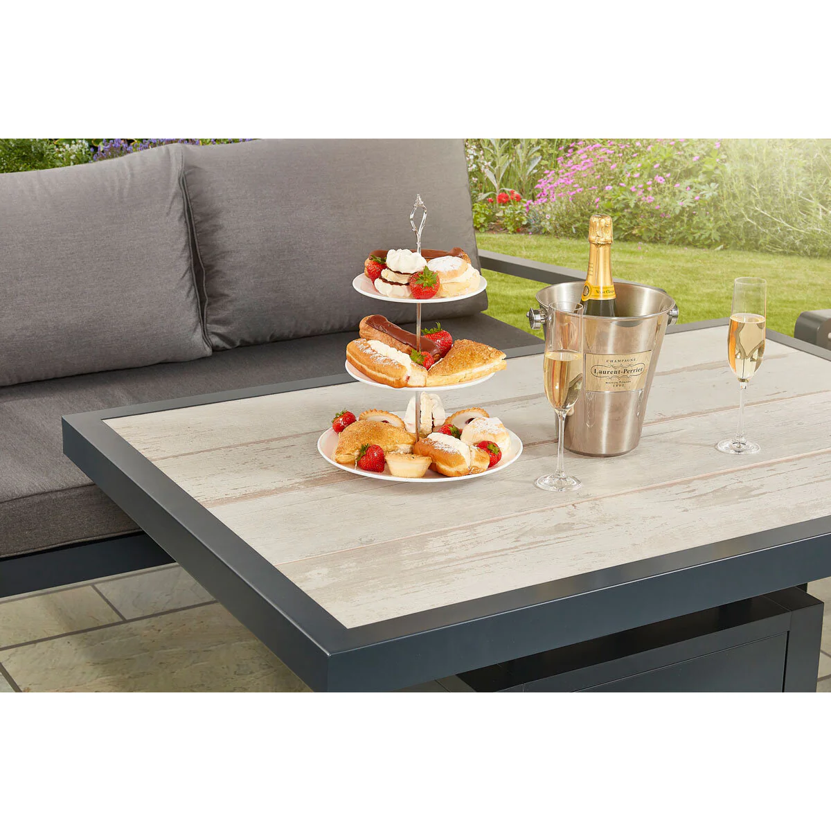 Stone Garden 4 Piece Deep Seating Corner Patio Set with Dual Height Ceramic Table in Grey - Image 6