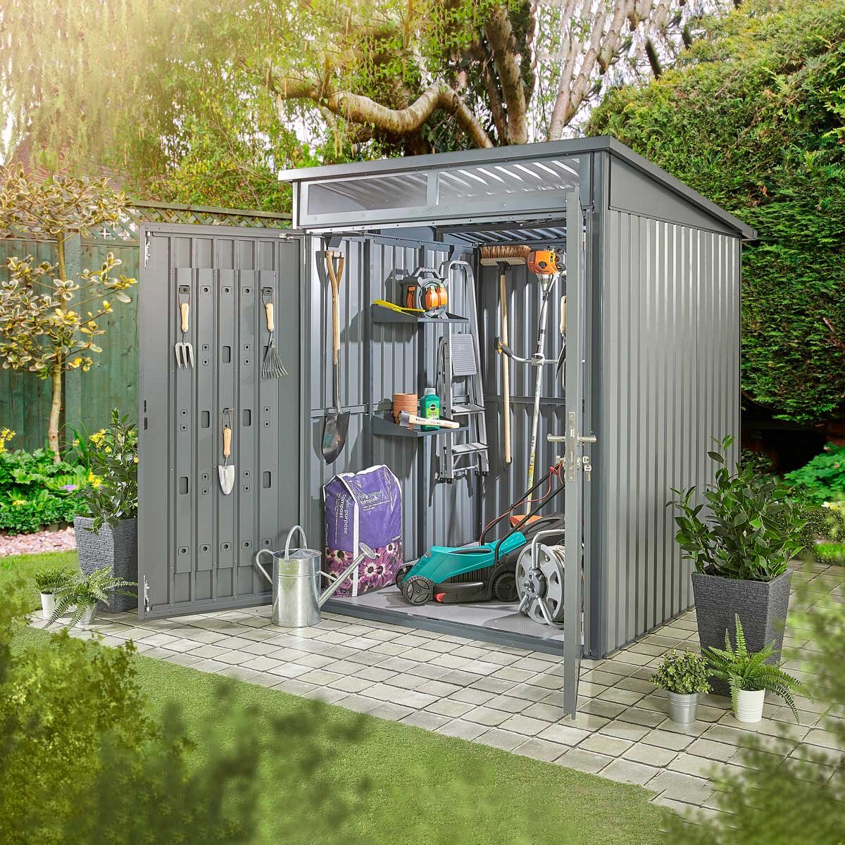 Stone Garden 5ft 11" x 5ft 11" (1.8m x 1.84m) Two Door Steel Shed in Grey - Image 2
