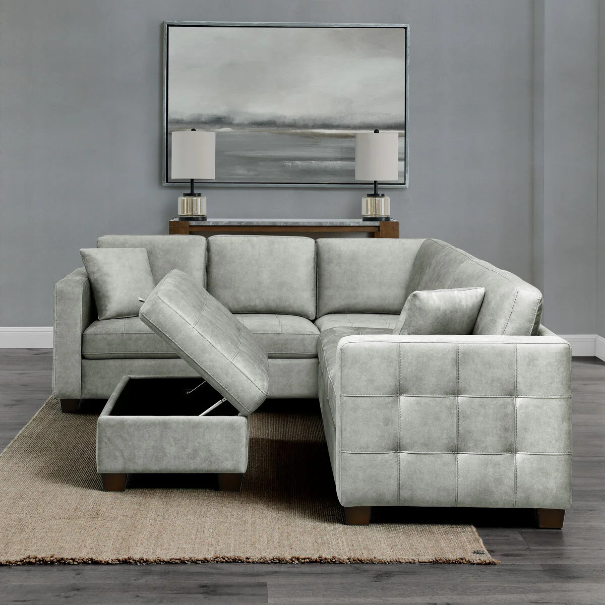 Thomasville Kylie Grey Fabric Sectional Sofa with Storage Ottoman - Image 4