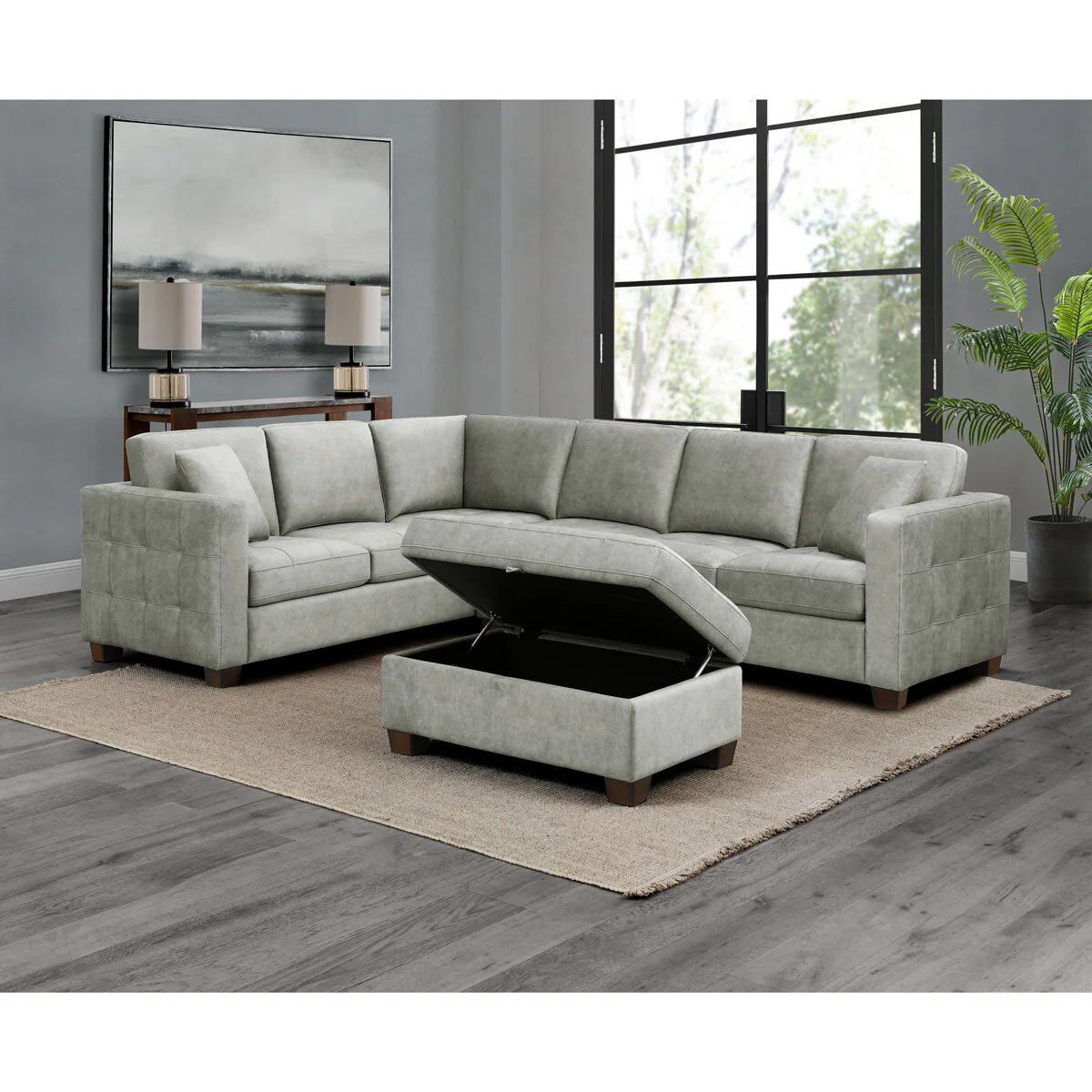Thomasville Kylie Grey Fabric Sectional Sofa with Storage Ottoman - Image 5