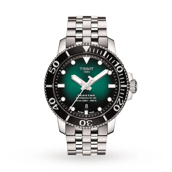 Tissot Automatic 43mm Men’s Watch with Green Material Dial, Stainless Steel Case & Bracelet, 300m Water Resistant / T1204071109101