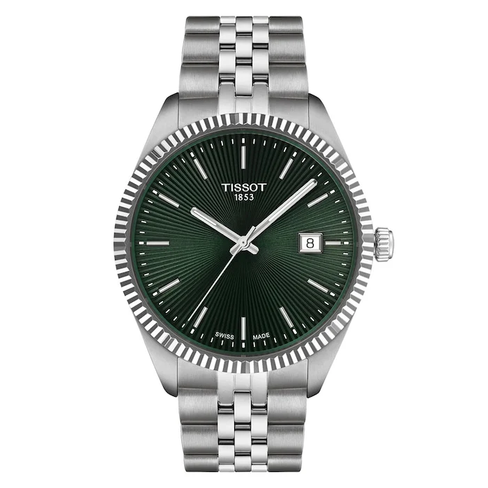 Tissot Elegance Quartz 40mm Men’s Watch with Green Material Dial, Stainless Steel Case & Bracelet, 100m Water Resistant / T1564101109100