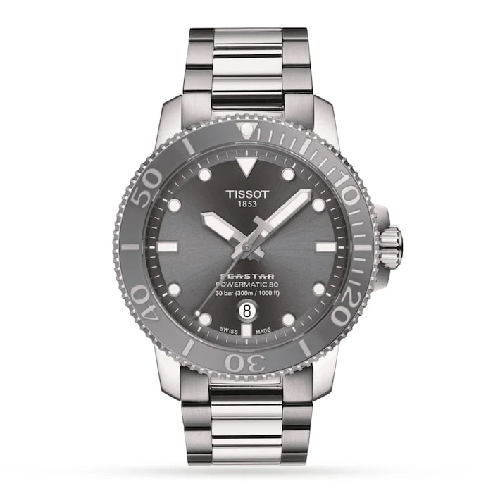 Tissot Sport Automatic 43mm Men’s Watch with Grey Material Dial, Stainless Steel Case & Bracelet, 300m Water Resistant / T1204071108101