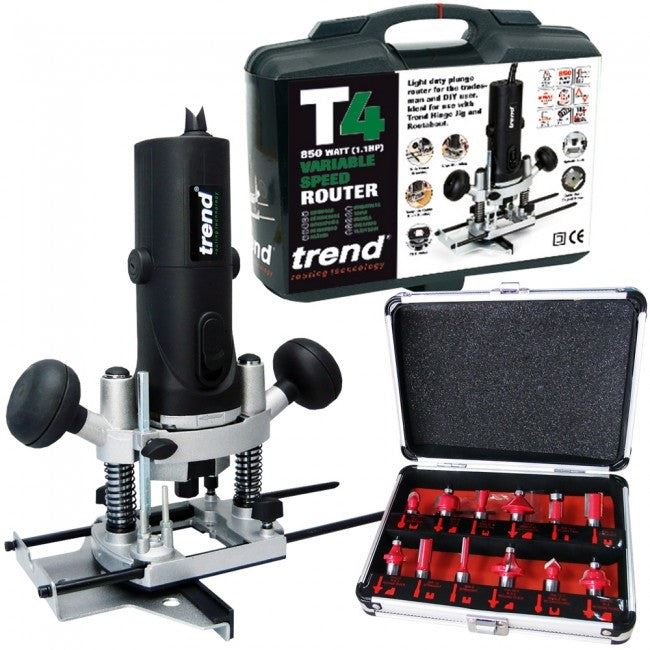 Trend T4EK 1/4" Variable Speed Router 230V/850W With 12 Piece TCT Cutter Set