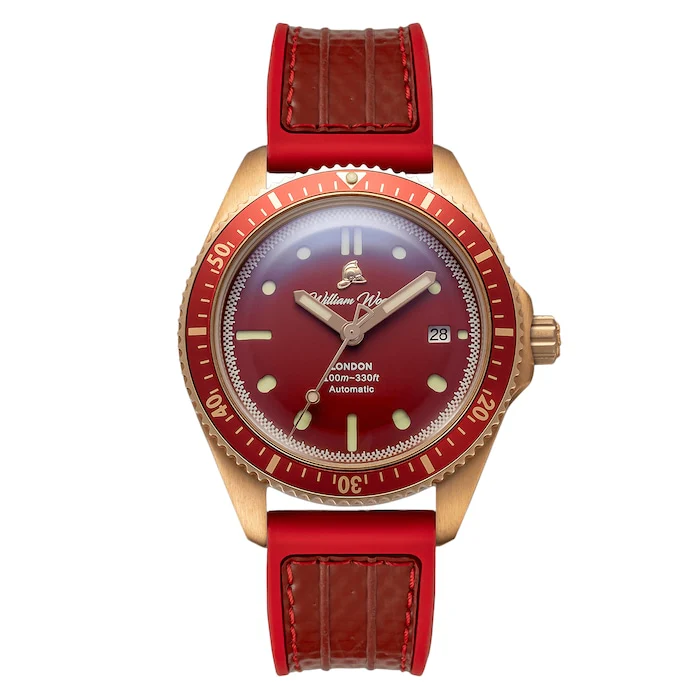 William Wood Watches Automatic 41mm Men’s Watch with Red Material Dial, Bronze Case, 100m Water Resistant / WWBR01
