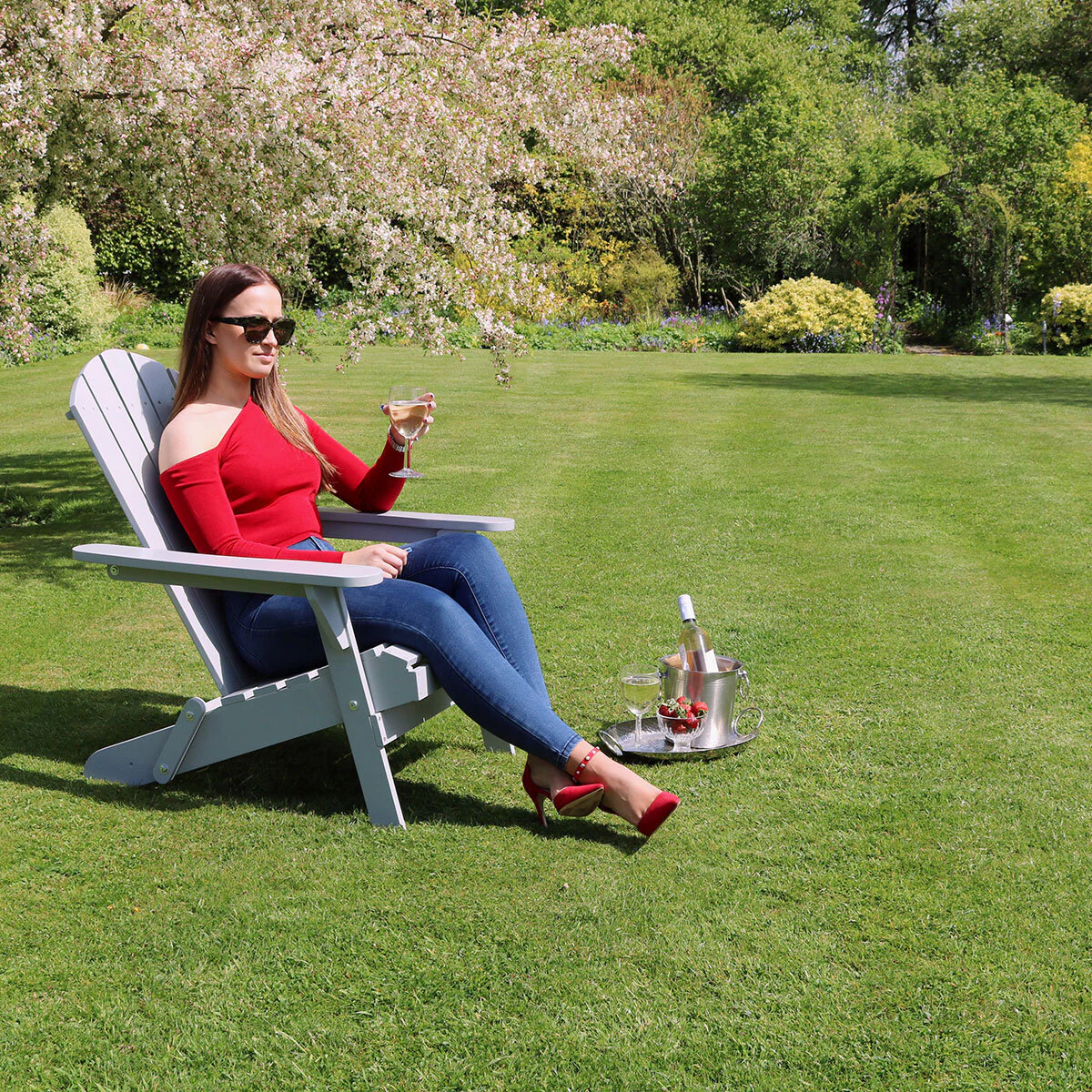 Zest Jasmine Folding Acacia Wood Adirondack Chair in Light Grey - Set of 2 - Image 3